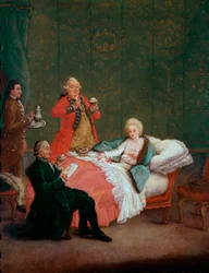 Chocolat du matin jeune femme de la noblesse allongée dans son lit servie par trois hommes