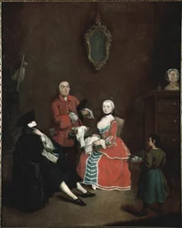 La visite en masque Bauta (bautta) personnage vêtu du costume vénitien composé de la cape noire, du chapeau tricorne noir et du masque blanc. Peinture de Pietro Longhi (1702-1785) vers 1760. Venise, Ca