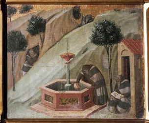 Détail du retable du Carmel : un ermite avec la fontaine d