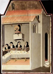 Le saint illettré lit miraculeusement (Polyptyque de la vie de Sainte Humilité)