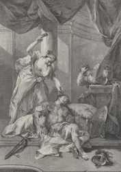 Jaël enfonçant un piquet de tente dans la tempe de Sisera endormi, à droite un se..., vers 1730-39