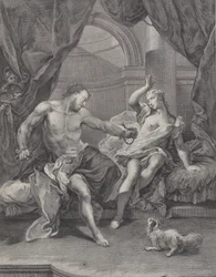 Samson et Dalila assis sur un lit, Samson déchirant les cordes liant sa main..., vers 1730-39