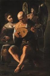 Un homme âgé jouant de la guitare avec une femme et un putto en assistance