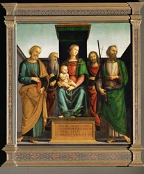 Madone avec les saints Pierre, Jean Évangéliste, Jean-Baptiste et Paul (huile sur bois de peuplier)