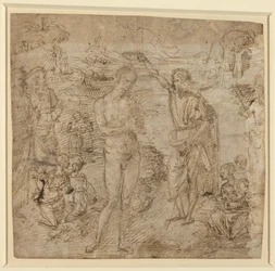 a) Le baptême du Christ ; b) Personnage drapé tenant un livre et Homme maniant une hache avec un personnage, vers 1475 (plume et encre brune)