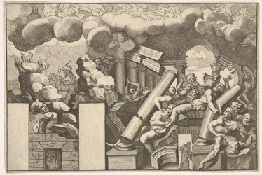 Géants écrasés par des rochers et les colonnes tombantes du temple, nuages de fumée au-dessus...