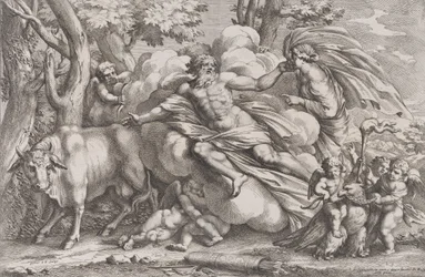 Io à gauche en vache, Jupiter sur un nuage au centre et Junon à droite avec paon, 1650-90
