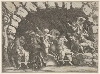 Pluton, vu de dos, entrant dans les Enfers sur son char, Cerbère et trois Furies..., vers 1680