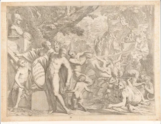 Jeune homme avec buste de Minerve et satyres dansants