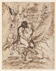 Pan embrassant Vénus observé par Cupidon