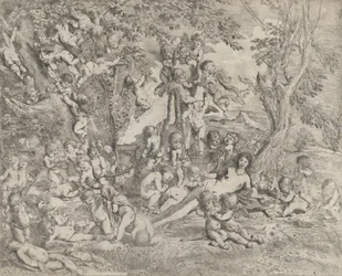 Le Jardin de Vénus qui repose au centre devant un hermès de Pan et entourée..., vers 1631-37