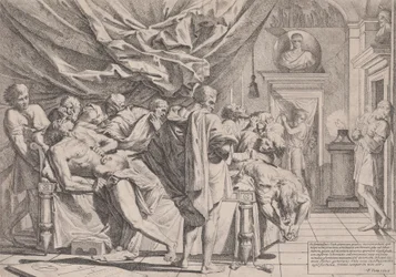 Le suicide du philosophe Caton, qui est allongé sur son lit en train de se retirer les entrailles, observé par..., 1648