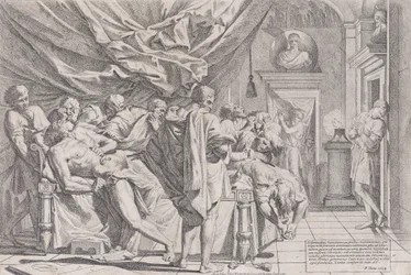 Le suicide du philosophe Caton, qui est allongé sur son lit en train de se tirer les entrailles, observé par..., 1648