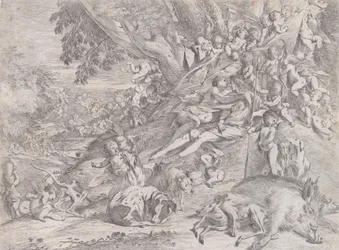 Vénus et Adonis, entourés de nombreux putti, allongés après la chasse, avec un sanglier mort, 1631-37