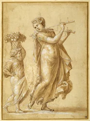 Femme jouant de la flûte, accompagnée d