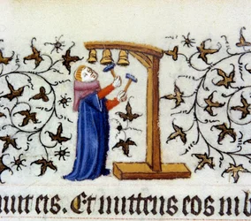 Un moine sonnant les cloches. Miniature flamande de Pol De Limbourg (15ème siècle) du manuscrit Les Très Riches Heures du Duc de Berry