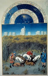 Décembre: scène de chasse. En arrière-plan vue de Vincennes. Miniature flamande de Pol De Limbourg (15ème siècle) du manuscrit Les Très Riches Heures du Duc de Berry
