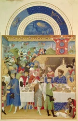 Le duc de Berry à table et le mois de janvier. Miniature flamande de Pol De Limbourg (15ème siècle) du manuscrit « Les très riches heures du duc de Berry »