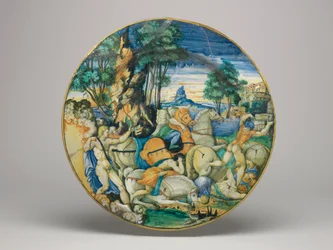 Plat en majolique, Apollon tuant les fils de Niobé - Forme approximativement 64 avec bordure simple, base du plat, 1548