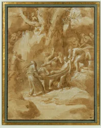 Mise au tombeau. Pierre noir, pinceau et lavis brun, rehauts de blancsur papier beige ...