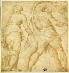 Femme tournant à gauche ; homme nu soufflant dans une trompette