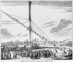 Le grand télescope astronomique de Johannes Hevelius (1611-1687), illustration tirée de Machina Coelestis de Hevelius, Gdańsk, publié en 1670