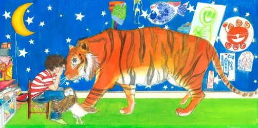 Albert Tiger and Owl, 2019 (aquarelle et gouache sur papier)