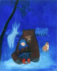 Ours brun et enfant, 2021 (aquarelle et gouache sur papier)
