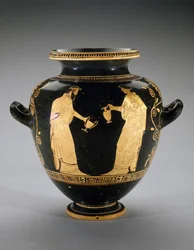 Stamnos à figures rouges avec scène de Dionysos avec servante (440-420 av. J.-C.)