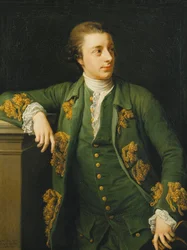 Portrait de Thomas Fortescue, M.P., Debout, Trois-Quarts Longueur, Portant un Manteau et un Gilet Verts, Appuyé sur un Piédestal et Tenant un Chapeau Tricorne dans sa Main Gauche, 1767