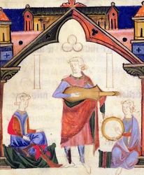 Fol.12v Musiciens jouant de la guitare et du tambourin, du Chansonnier des Nobles