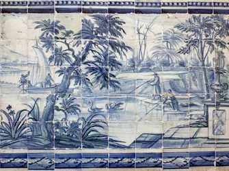 Pêcheurs de lac en Asie - Azulejos, faïence peinte