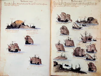 Page de manuscrit « Mémoriaux des armadas du Portugal sous le roi Manuel I » représentant les flottes portugaises. 1523 B.N. Paris