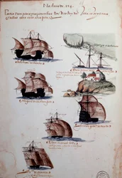 Page manuscrite « Souvenirs des armadas du Portugal sous le roi Manuel Ier (1469-1521) », représentant les flottes portugaises de l