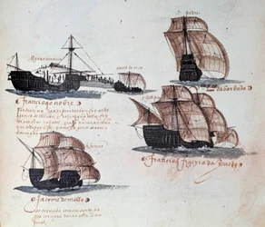 Mémorial des armadas du Portugal sous le roi Manuel Ier (1469-1521) : représentation des caravelles de la flotte portugaise. Miniature provenant d