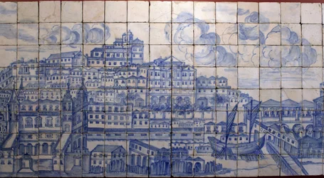 Vue panoramique de Lisbonne, avant le tremblement de terre de 1755 - Azulejos du début du XVIIIe siècle, panneau signalant l