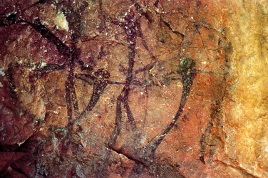 Figures humaines avec arcs, Cueva del Civil, Tirig, Barranc de la Valltorta, Valence, Espagne
