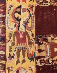 Civilisation précolombienne : officiant cérémoniel portant un masque. 300-100 av. J.-C. Tapisserie d