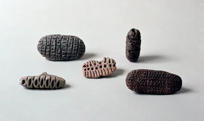 Préhistoire : différentes pintaderas (sceaux) en terre cuite néolithique de la Caverna Delle Arene à Candide (Ligurie)