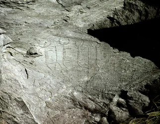 Préhistoire, art rupestre : représentations gravées de deux paires de bœufs tirant un chariot