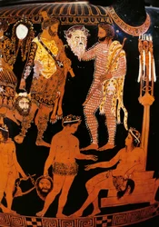 Vase de Pronomos, cratère à figures rouges. Détail représentant Hercule (Héraclès), les préparatifs d