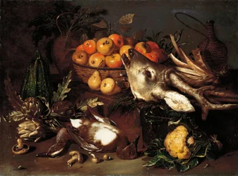 Champignons, artichauts, panier de pommes et chou avec gibier mort sur une corniche