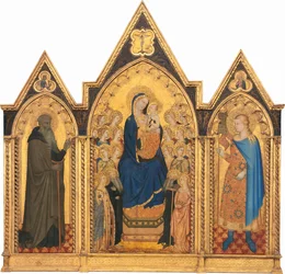 Madone et enfant en trône avec quatre saints et dix-huit anges [panneau central]