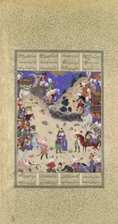Faridun embrasse Manuchihr, Folio 59v du Shahnama Livre des Rois, vers 1525