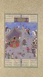 Rustam amène le roi Div à Kai Kavus pour exécution, Folio 127v de..., vers 1525-30