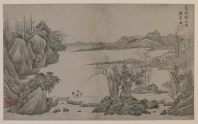 Paysage fluvial et ramasseurs de bois