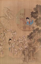 Femme dans le jardin - Femme dans une fenêtre circulaire
