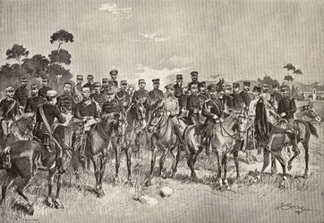 Officiers des armées étrangères visitant des soldats italiens en Lombardie, Italie (gravure)