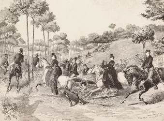 Voyage de chasse par la chasse milanaise, Italie (gravure)