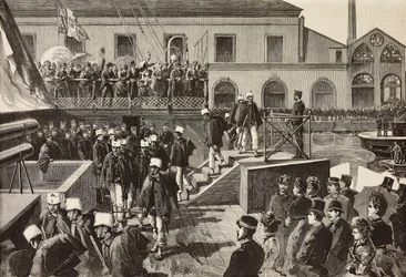 Soldats italiens embarquant sur le navire Washington, Naples, Italie, troisième expédition italienne en mer Rouge, gravure d